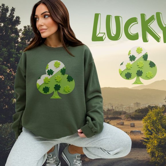 Military Green Shamrock Sweatshirt for Saint Patrick Day Clover Green Sweatshirt - Picture 2 of 9